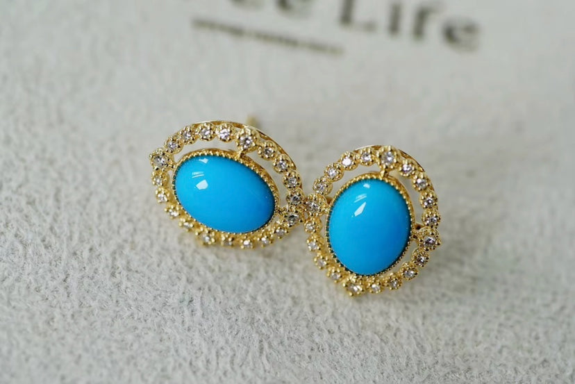 18k Yellow Gold Turquoise Stud Earrings, Natural Turquoise Diamond Earrings, High Quality Turquoise Earrings, Turquoise & Diamond Earrings 18k Gold, 18k Yellow Gold Turquoise Jewelry, Turquoise Earrings 18k Gold, Turquoise Stud Earrings Yellow Gold, 18k Gold Turquoise Earrings, Yellow Gold Turquoise Earrings, White Gold Turquoise Earrings, Natural Turquoise, Real Turquoise Jewelry for Women, Genuine Turquoise