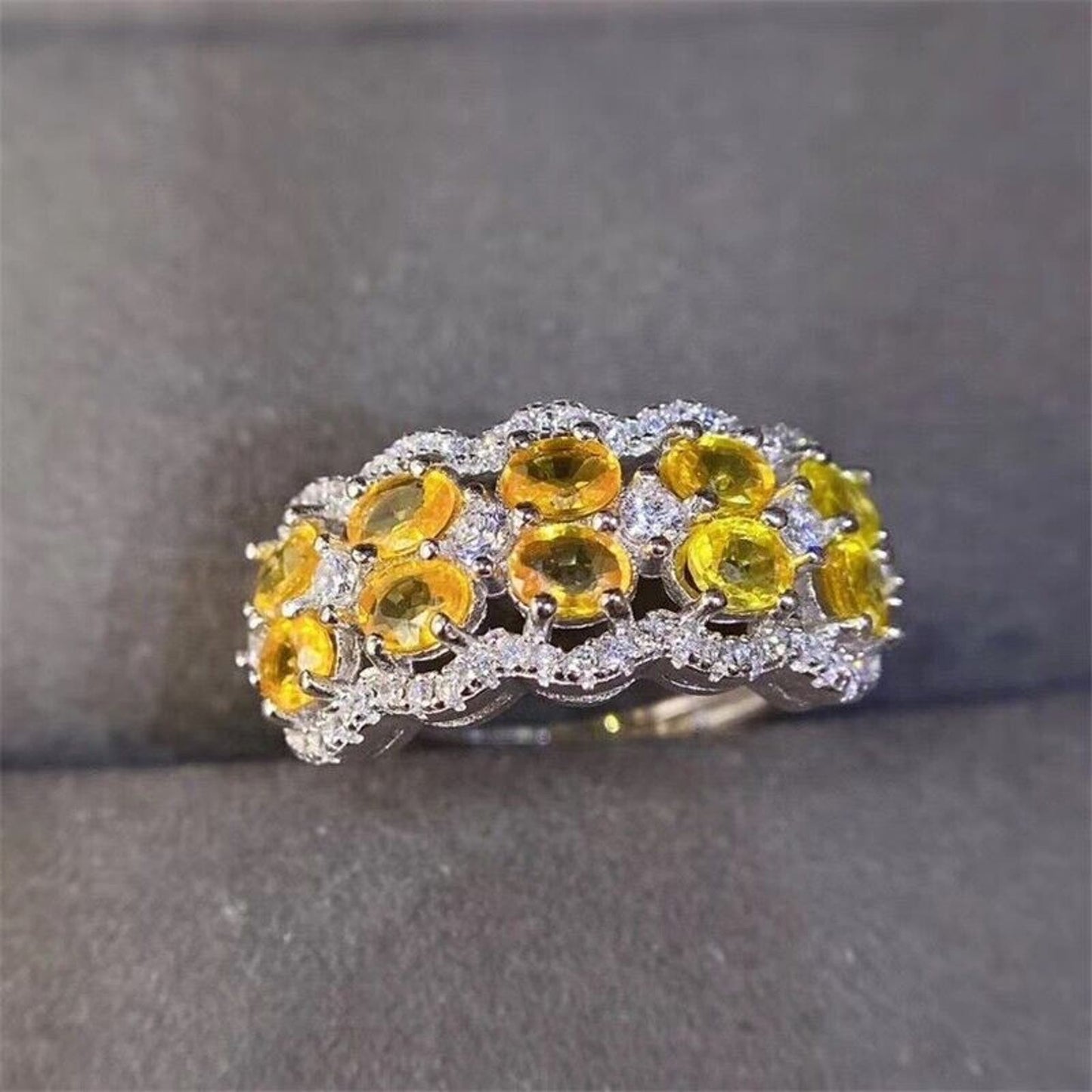 Bright Yellow Citrine Gemstone Double Layer Band Ring 3x4mm