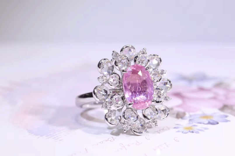 1.01Ct Natural Pink Sapphire Diamond Cluster Ring 18K White Gold, Pink Sapphire Ring, Padparadscha Sapphire, Padparadscha Sapphire Wedding Ring, Padparadscha Sapphire Engagement Ring, Padparadscha Sapphire & Diamond Ring, Padparadscha Sapphire and Diamond Wedding Ring, Natural Padparadscha Sapphire Ring, Padparadscha Sapphire Jewelry, 18k Gold Padparadscha Sapphire Ring, Women's Pink Padparadscha Sapphire Ring, White Gold Padparadscha Sapphire Ring