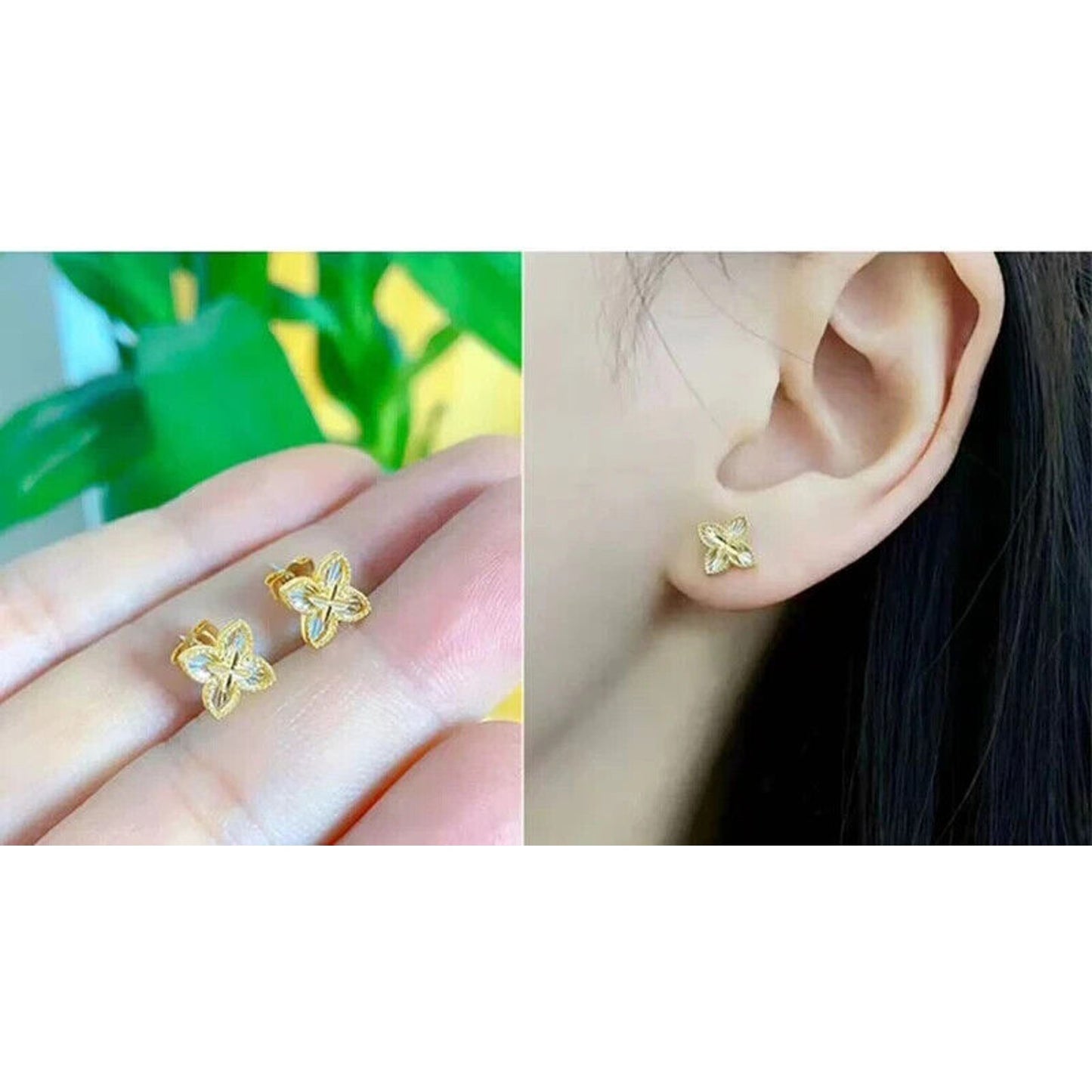 18k Gold Flower Stud Earrings, Pure 18k Gold Dainty Clover Earrings Au750