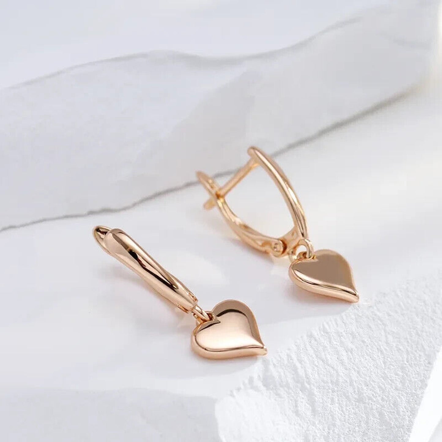 Rose Gold Earrings, Shiny Rose Gold Heart Earrings, 585 Rose Gold Heart Earrings