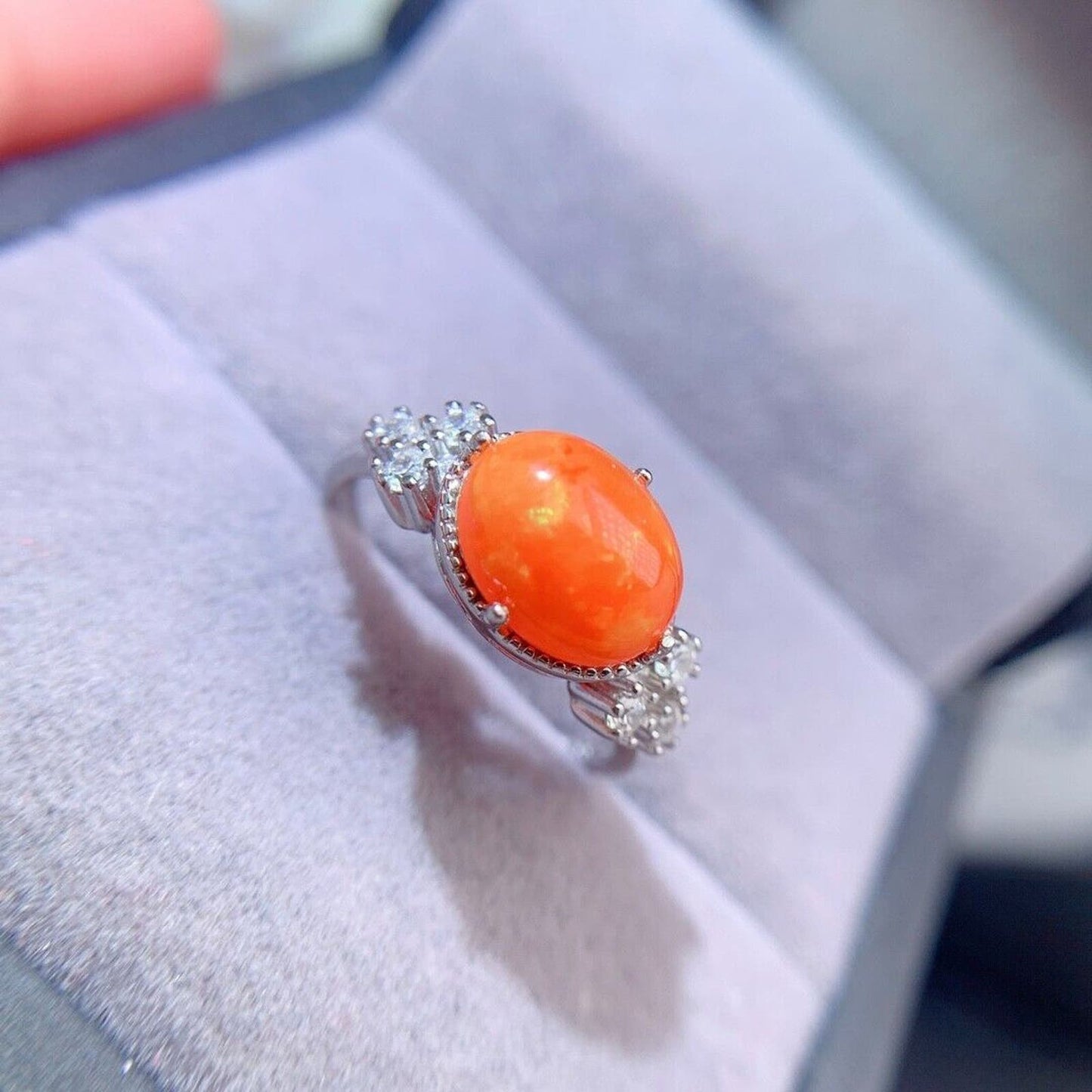 Orange Fire Opal Horizontal Cocktail Ring 8x10mm