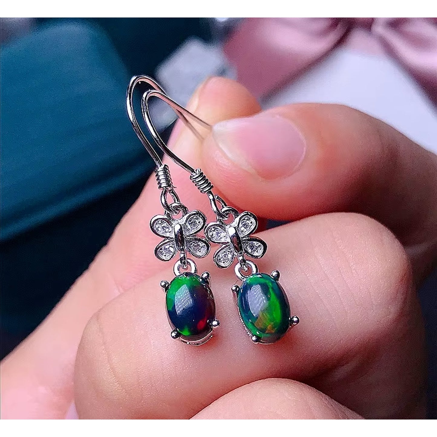 Black Fire Opal Dangle Earrings, Natural Fire Opal Earrings 925 Sterling Silver