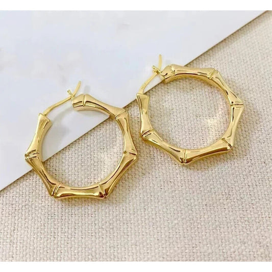 18k Gold Bamboo Hoop Earrings, Solid Yellow Gold Bamboo Hoop Earrings Au750