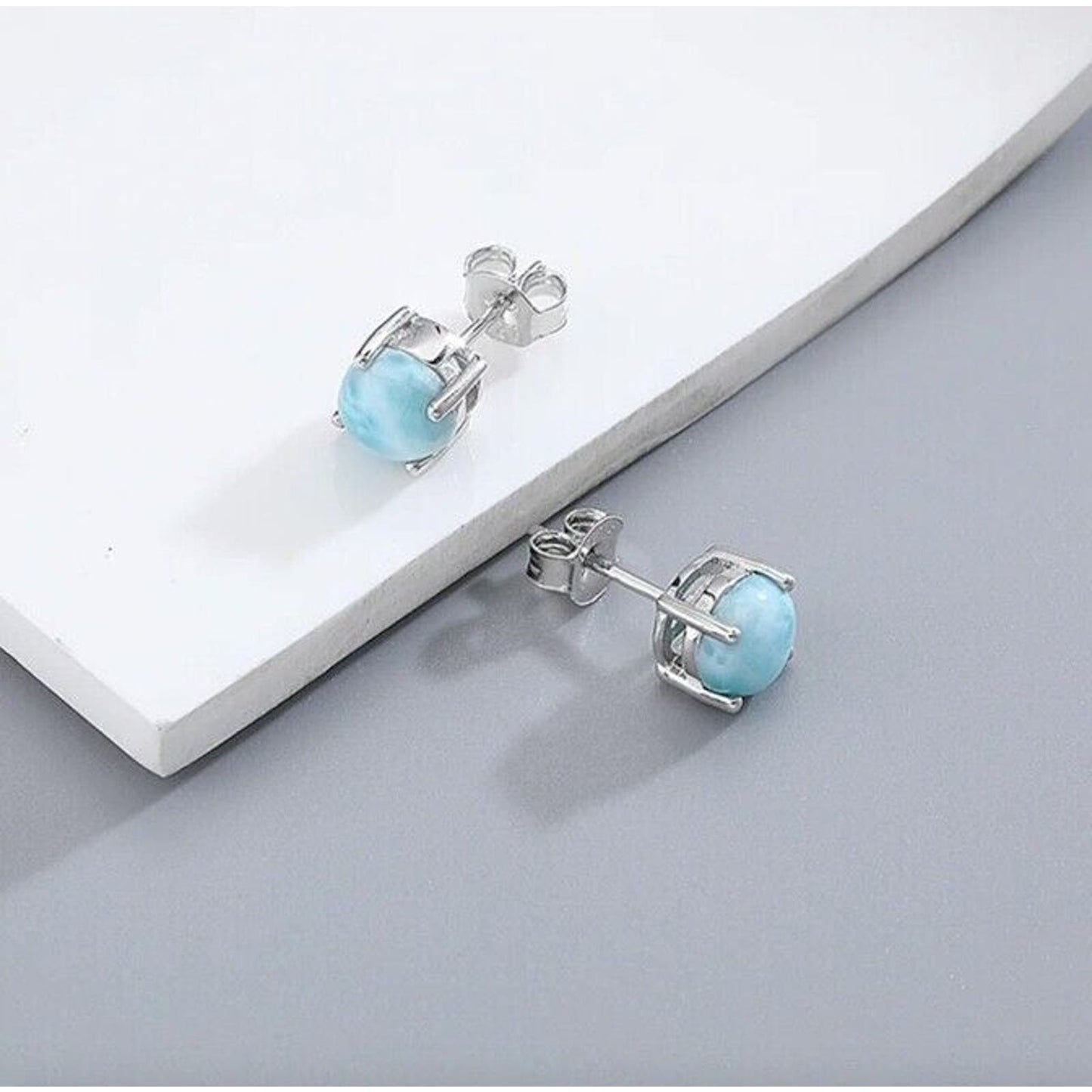 Natural Larimar Stud Earrings, Women's Round Larimar Stud Earrings Silver