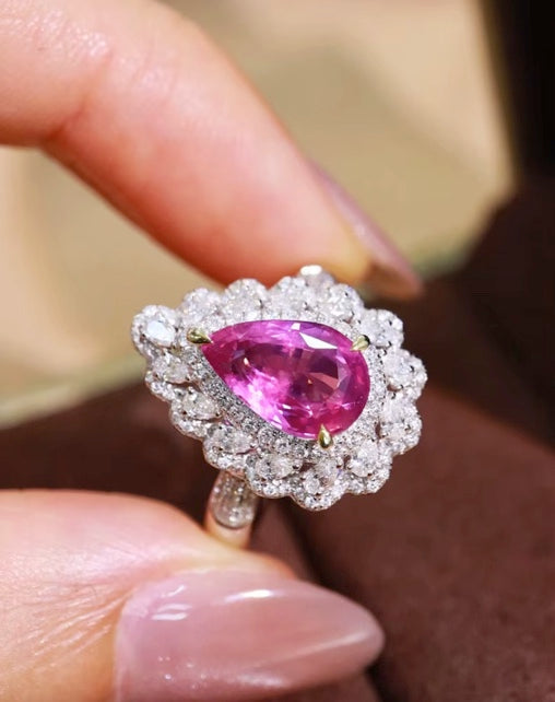 2.60Ct Pear Cut Pink Padparadscha Sapphire Diamond Ring 18K White Gold