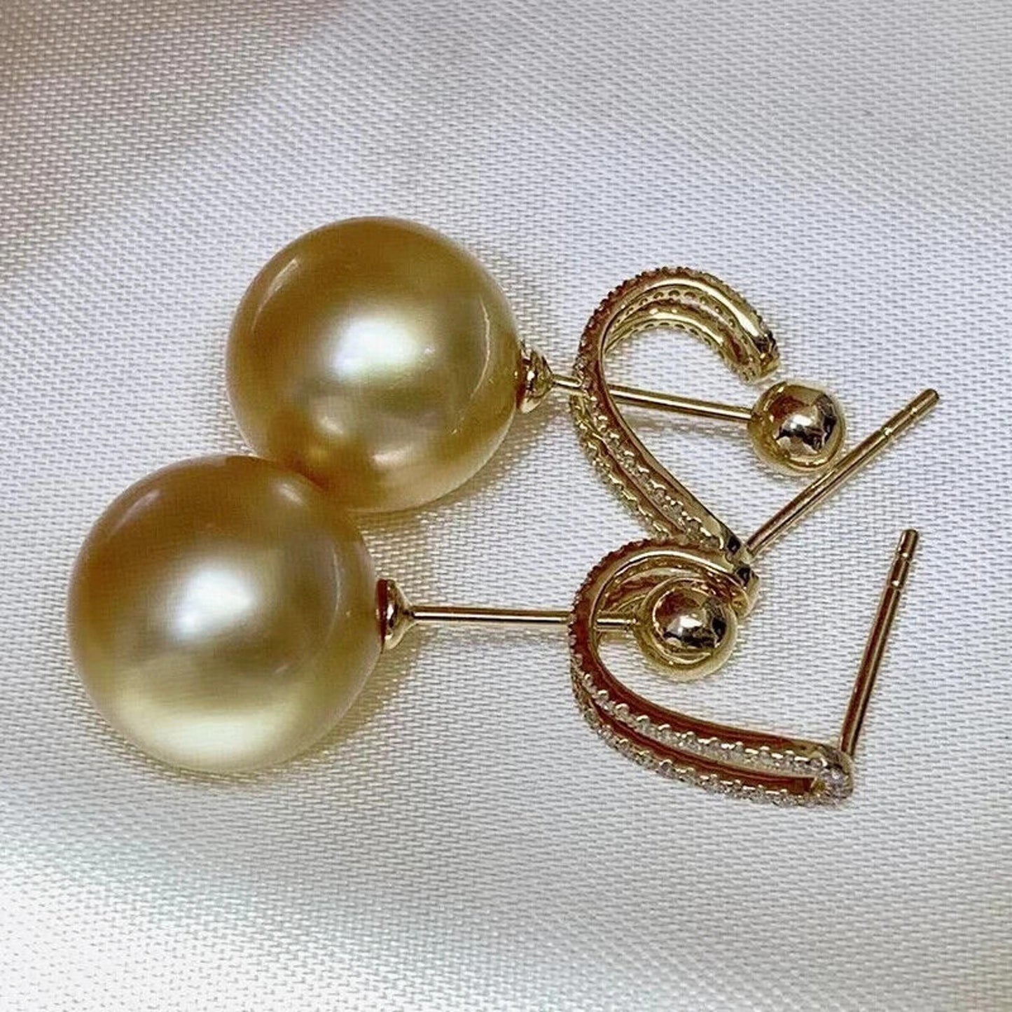 Natural Golden South Sea Pearl Earrings 12-13mm Grade AAAA Natural Diamonds 18k