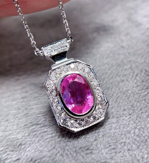 1.1Ct Natural Pink Sapphire & Diamond Pendant Necklace 18K White Gold, Pink Sapphire & Diamond Pendant Necklace 18K White Gold, Pink Sapphire, Pink Sapphire Necklace, Pink Sapphire Pendant Necklace, Sapphire Necklace, Sapphire Pendant Necklace, White Gold Sapphire Pendant, White Gold Sapphire Necklace, Natural Sapphire, Natural Sapphire Pendant, Natural Pink Sapphire, Pink Sapphire, Pink Sapphire & Diamond, Sapphire & Diamond, Sapphire & Diamond Pendant, Natural Diamond and Sapphire, Sapphire Diamond