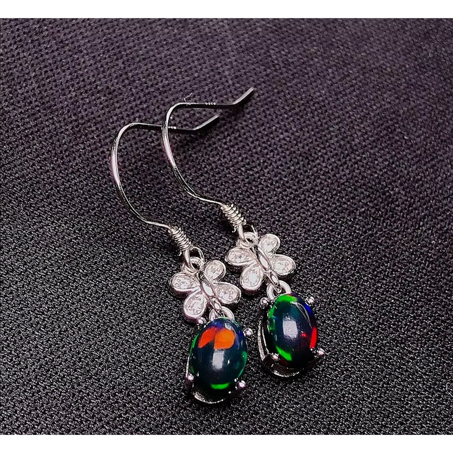 Black Fire Opal Dangle Earrings, Natural Fire Opal Earrings 925 Sterling Silver