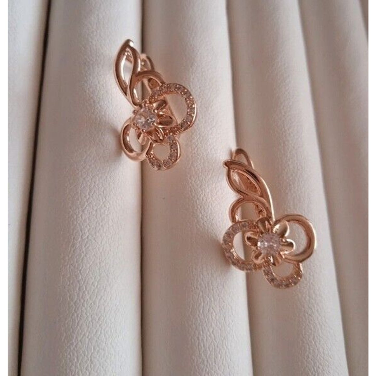 14k Rose Gold Plated Zircon Flower Clip Earrings, Shiny Zircon Earrings