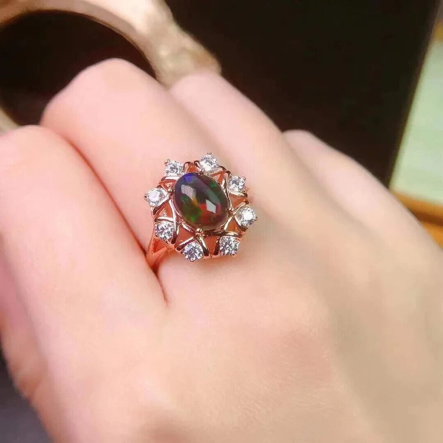 Black Fire Opal Cluster Cocktail Ring 7x9mm