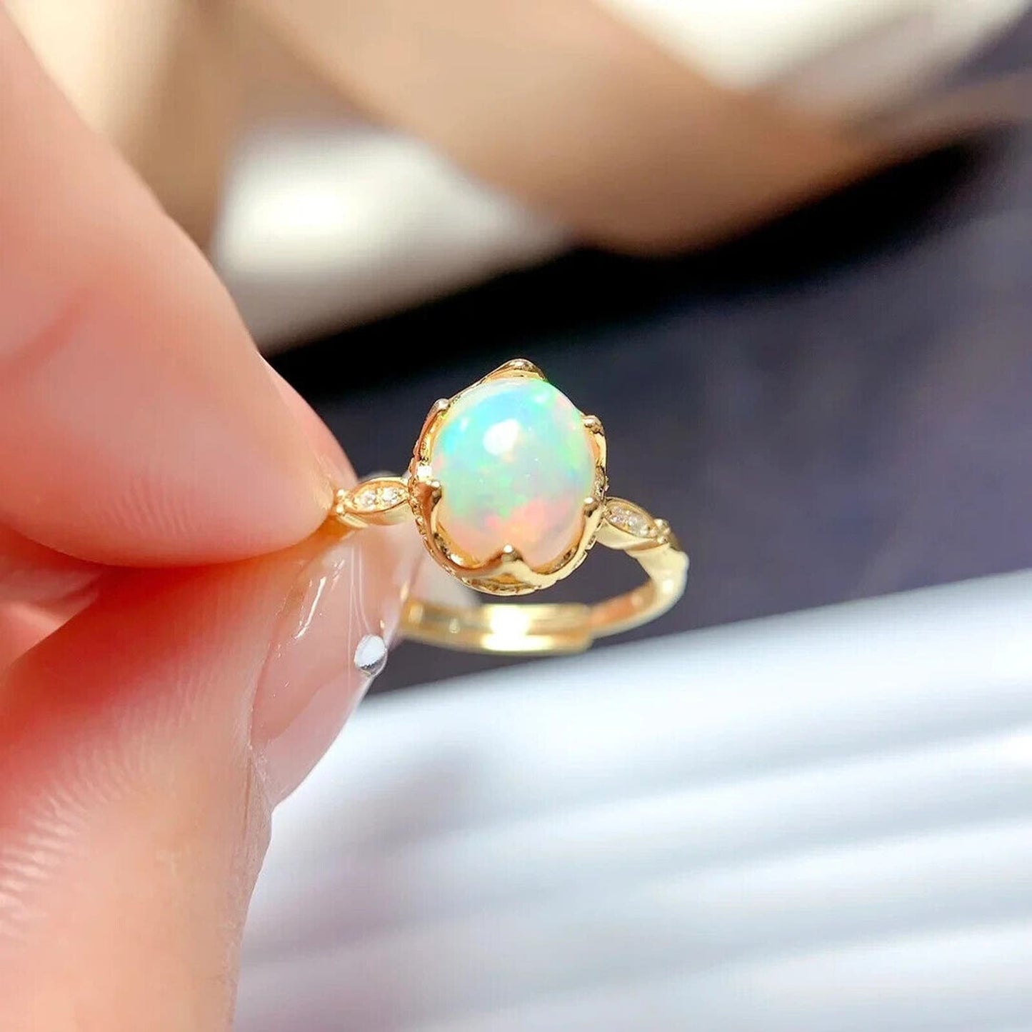 White Fire Opal Cocktail Ring 7x9mm Sterling Silver