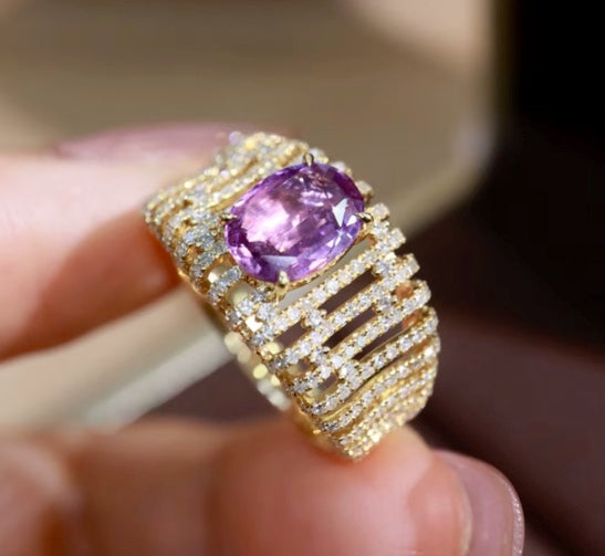 1.55Ct Natural Purple Sapphire Band Ring with Diamond 18k Yellow Gold