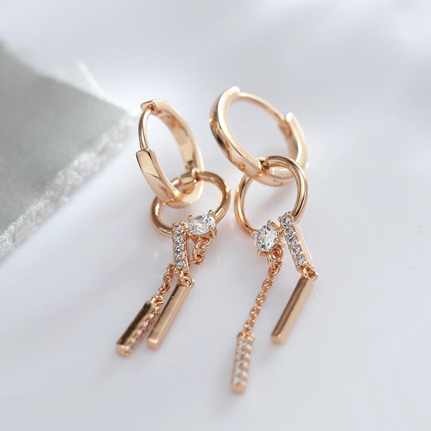 Rose Gold Hoop and Dangle Earrings With Cubic Zirconia, Shiny Rose Gold Dangle