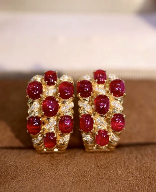 4.60Ct Natural Ruby & Diamond Clip Earrings Solid 18k Yellow Gold