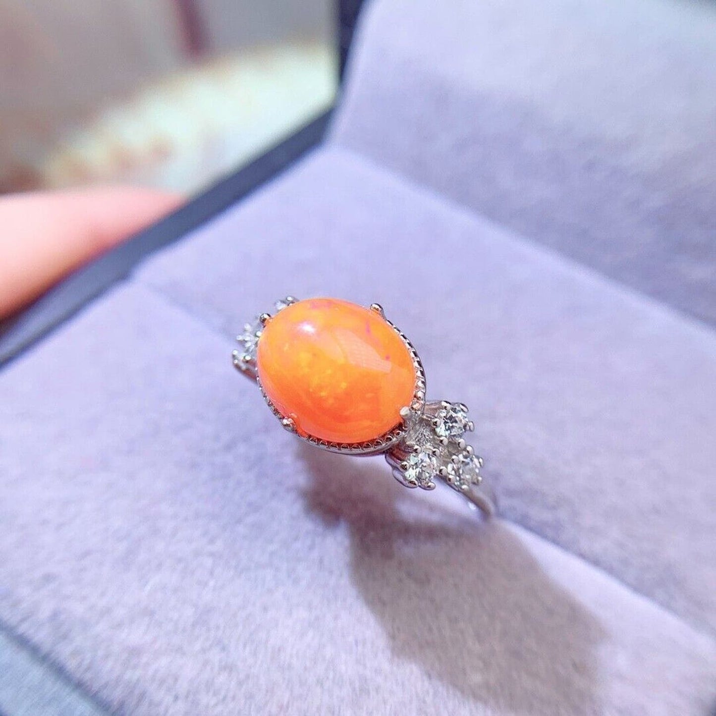 Orange Fire Opal Horizontal Cocktail Ring 8x10mm