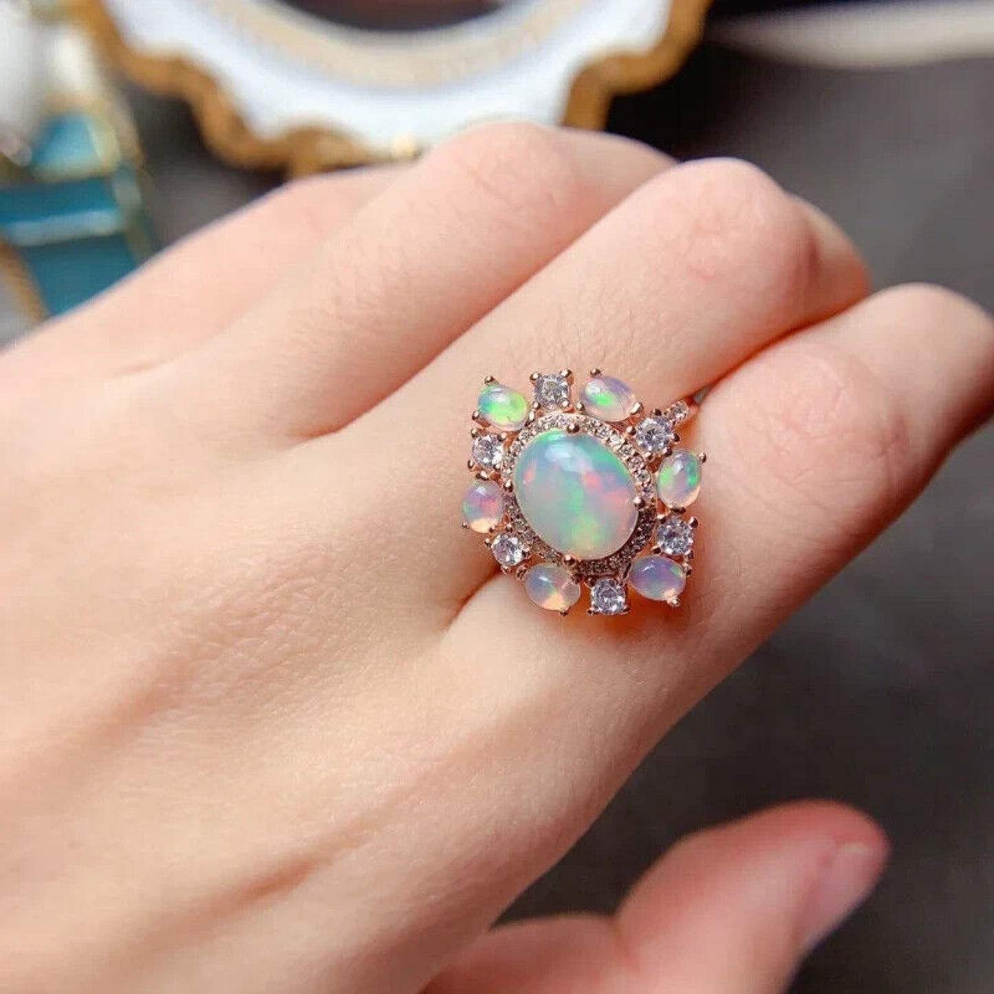 White Fire Opal Cluster Statement Ring Sterling Silver