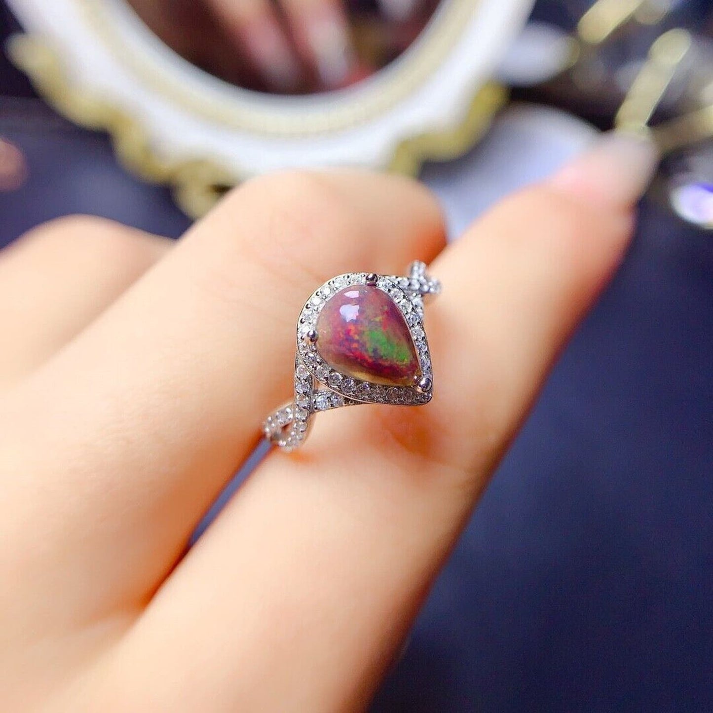 Black Opal Pear Shape Ring 7x9mm Sterling Silver