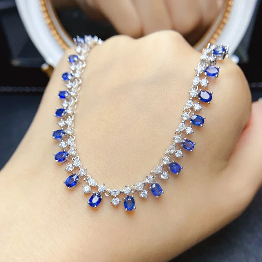 Dainty Sapphire Charm Necklace, Natural Sapphire Choker Necklace 3x4mm Sterling