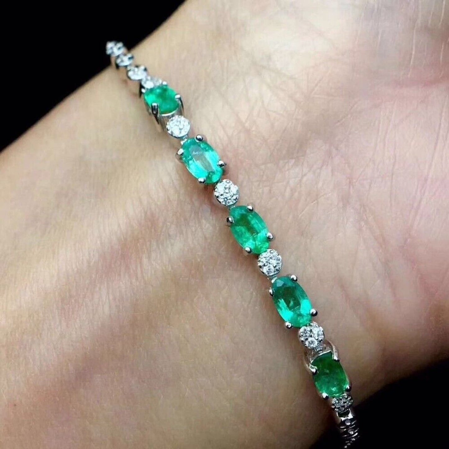 Natural Emerald Tennis Bracelet 3x5mm Platinum Plated