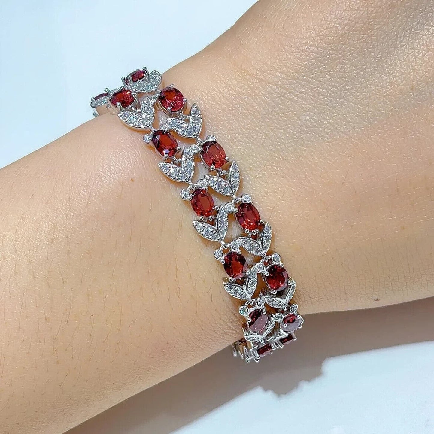 Red Garnet Double Layer Leaf Pattern Tennis Bracelet 4x5mm