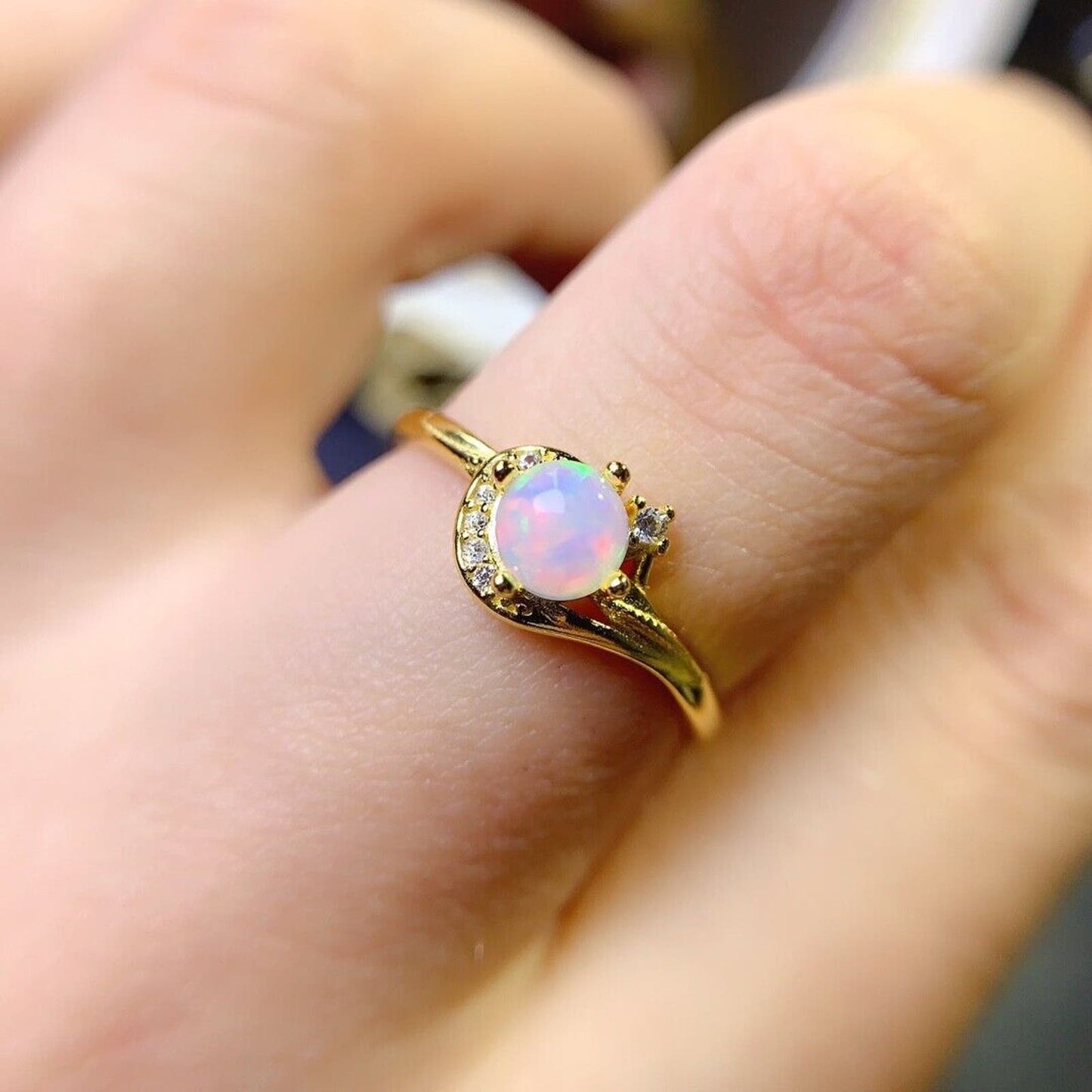 Dainty Opal Cocktail Ring 5mm Sterling Silver