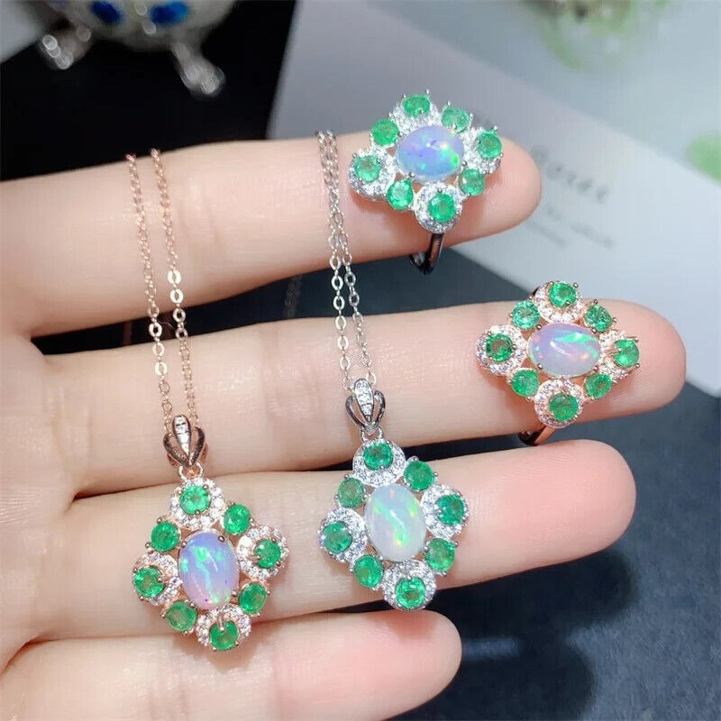 Fire Opal and Colombian Emerald Jewelry Set, Ring and Pendant