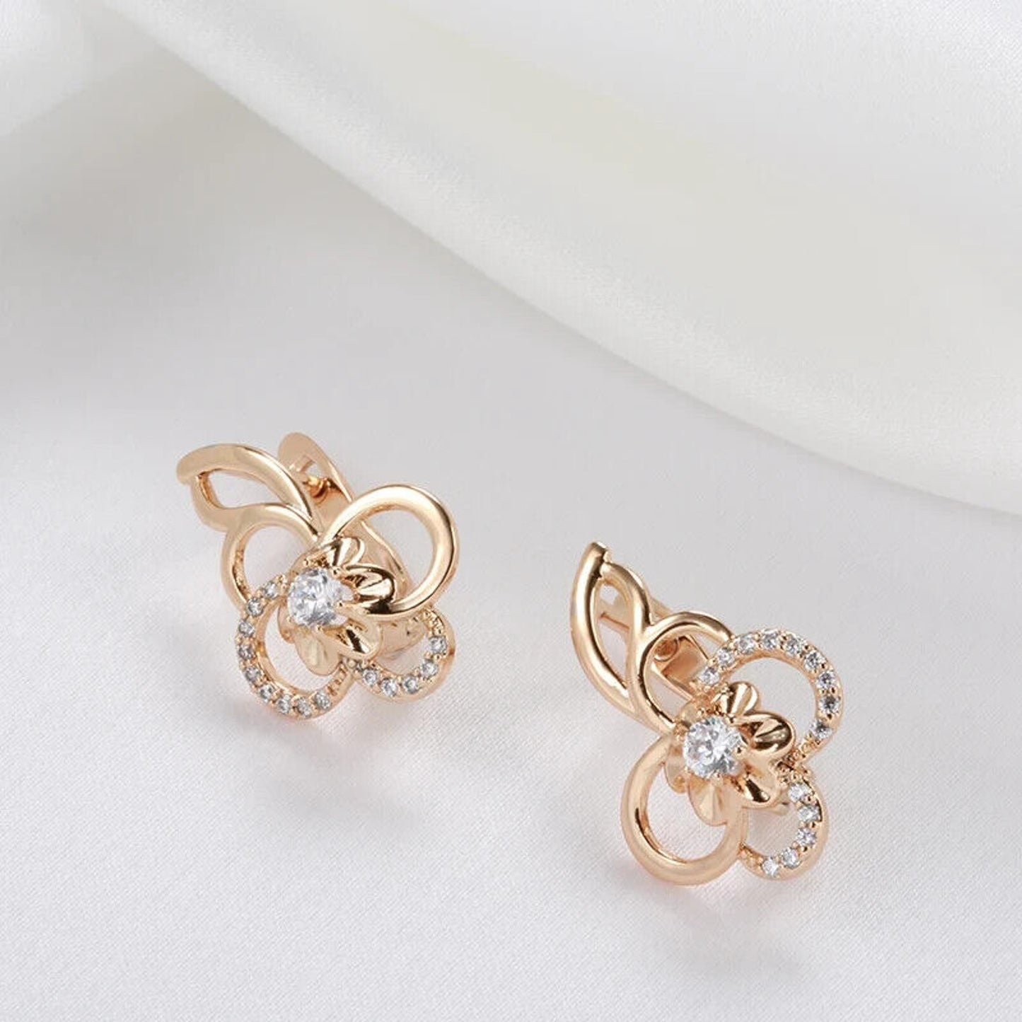 14k Rose Gold Plated Zircon Flower Clip Earrings, Shiny Zircon Earrings