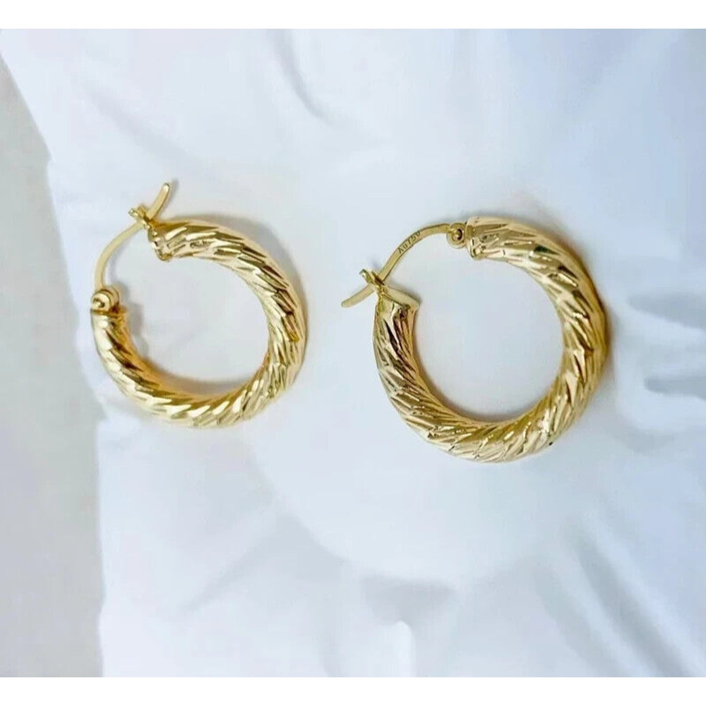 18k Solid Yellow Gold Hoop Earrings, 18k Gold Sparkly Hoop Earrings Au750