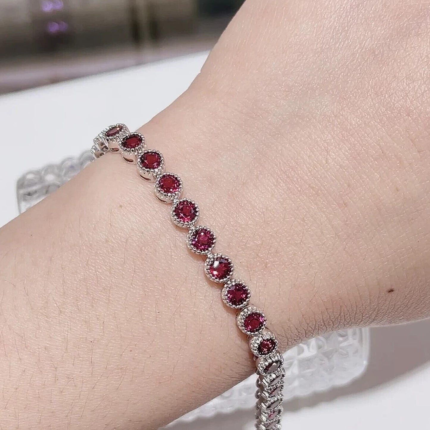 Red Garnet Round 4mm Tennis Bracelet Platinum Plated