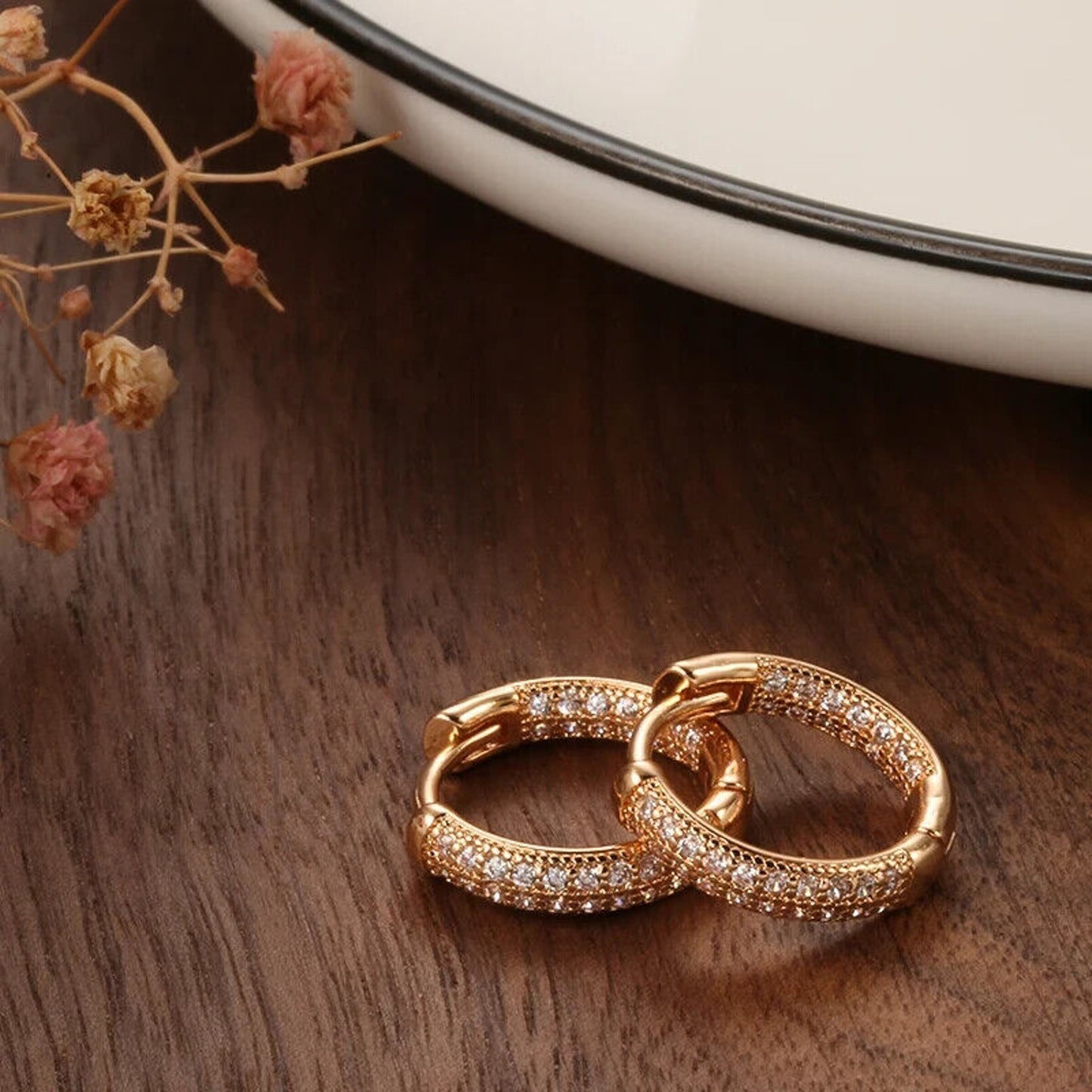 Rose Gold Earrings, Shiny Rose Gold Hoop Earrings, 585 Rose Gold Hoops