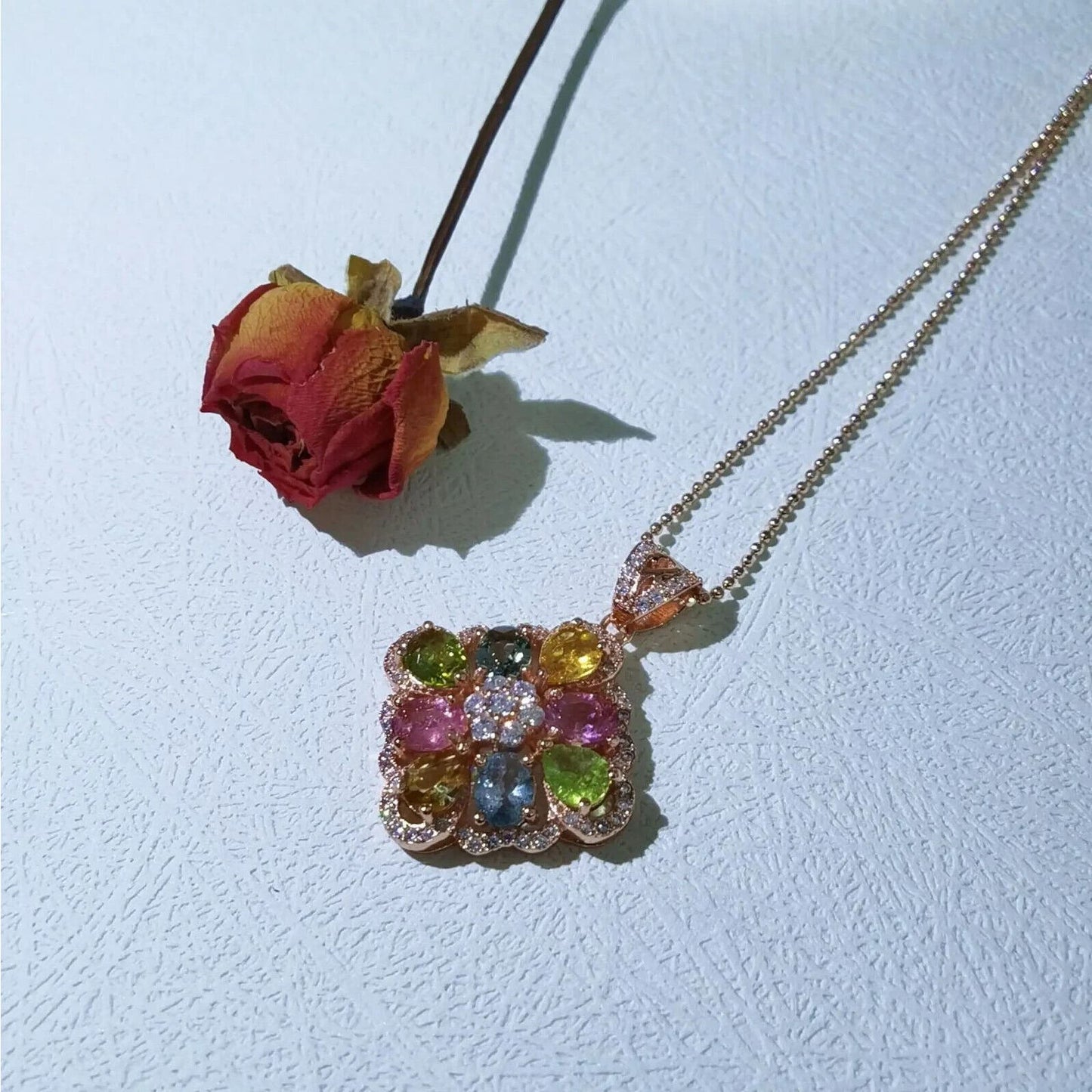 Rose Gold Tourmaline Gemstone Pendant Necklace 21x28mm