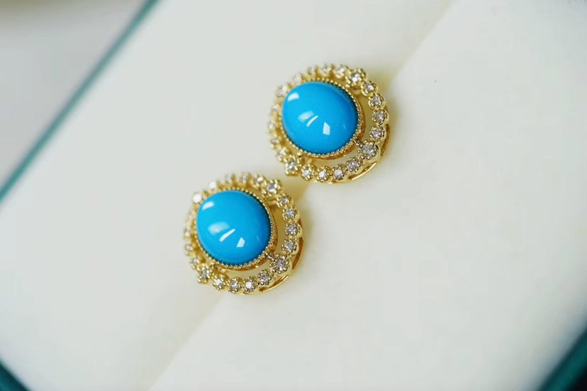 18k Yellow Gold Turquoise Stud Earrings, Natural Turquoise Diamond Earrings, High Quality Turquoise Earrings, Turquoise & Diamond Earrings 18k Gold, 18k Yellow Gold Turquoise Jewelry, Turquoise Earrings 18k Gold, Turquoise Stud Earrings Yellow Gold, 18k Gold Turquoise Earrings, Yellow Gold Turquoise Earrings, White Gold Turquoise Earrings, Natural Turquoise, Real Turquoise Jewelry for Women, Genuine Turquoise