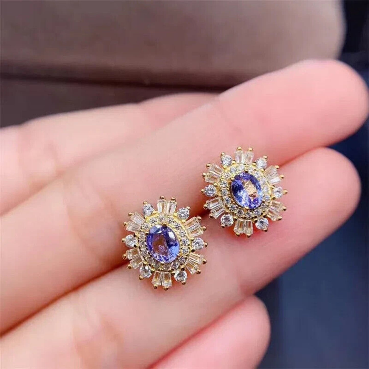 Tanzanite Cluster Stud Earrings 4x5mm Sterling Silver