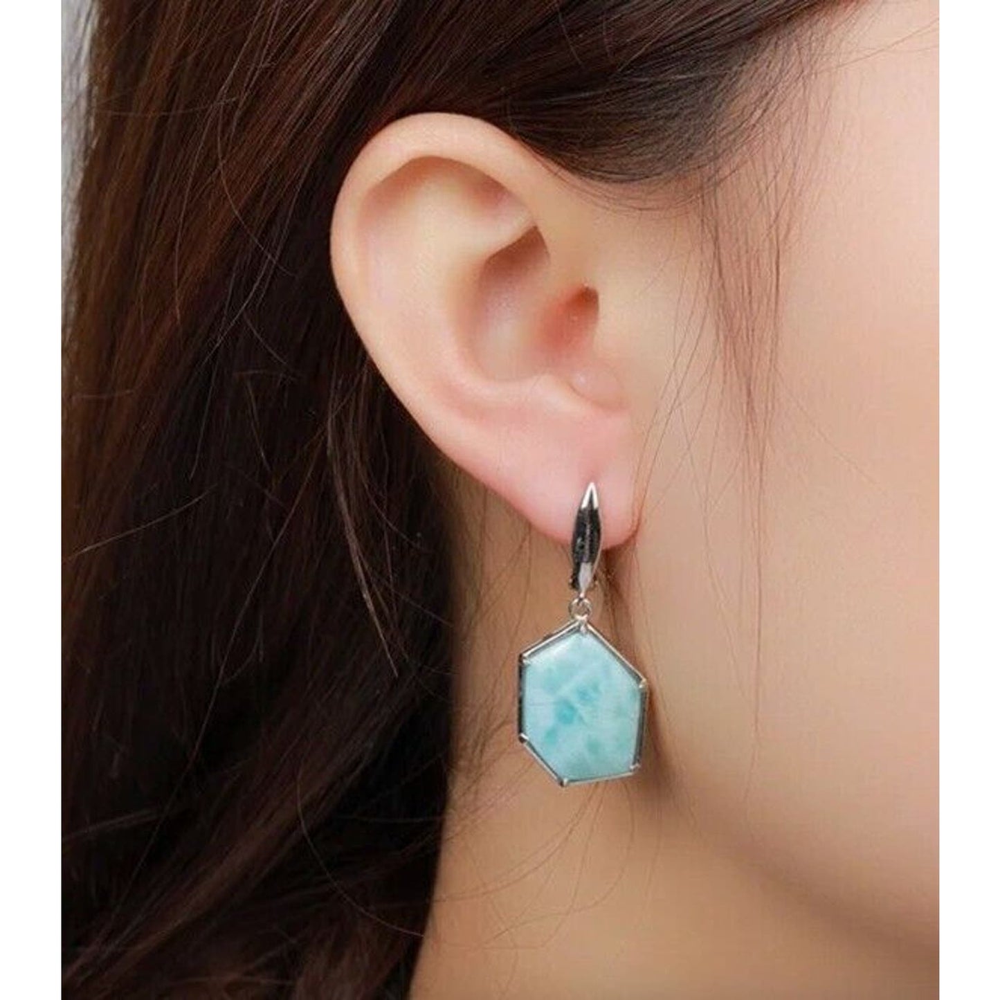 Larimar Dangle Earrings, Irregular Shape Hexagon Natural Larimar Earrings