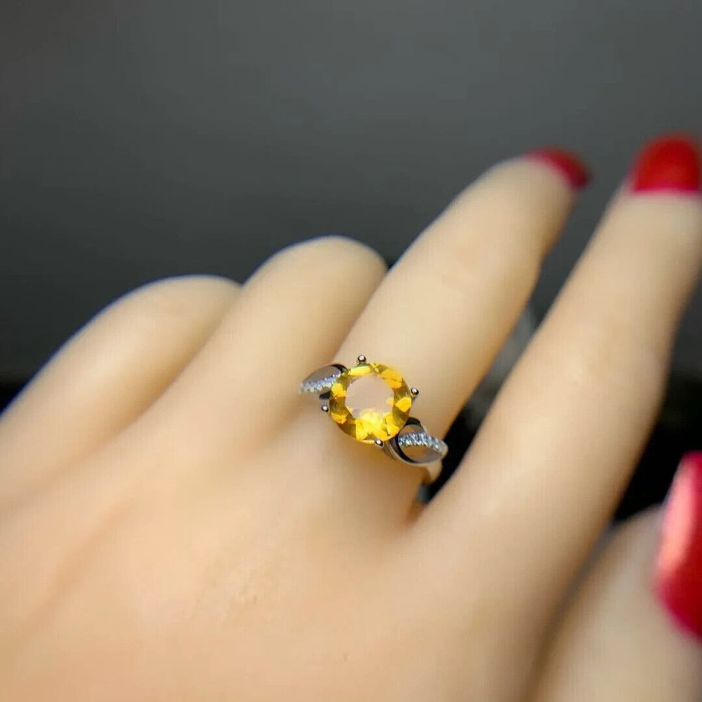 Round Cut Citrine Gemstone Ring 8mm Sterling Silver