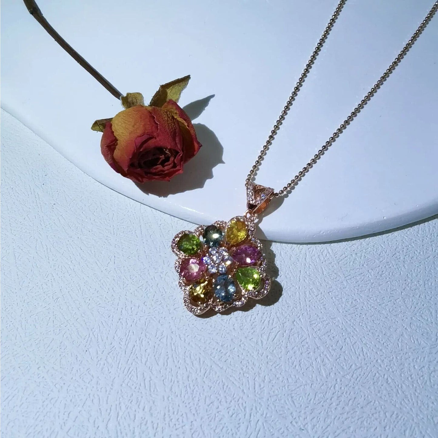 Rose Gold Tourmaline Gemstone Pendant Necklace 21x28mm