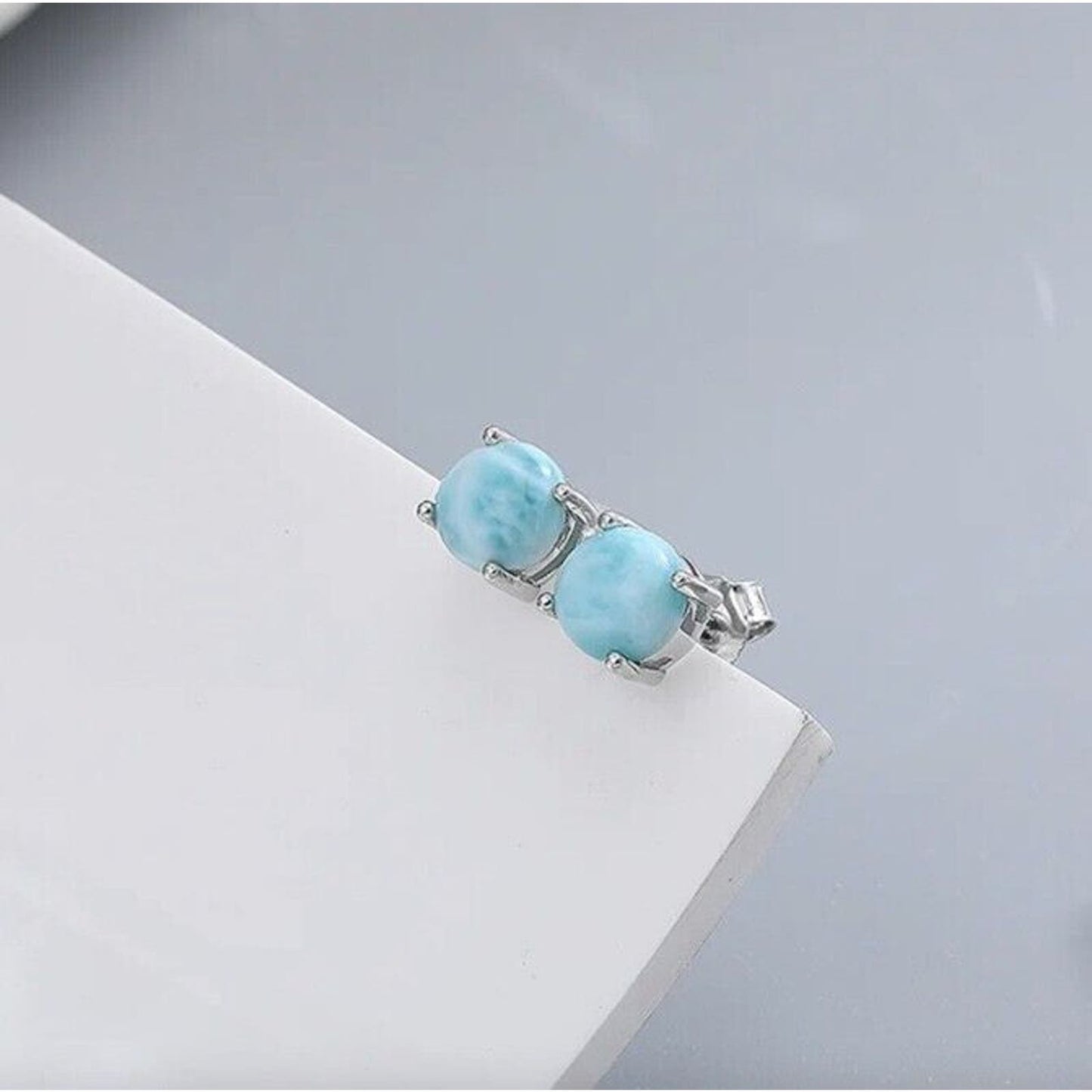 Natural Larimar Stud Earrings, Women's Round Larimar Stud Earrings Silver