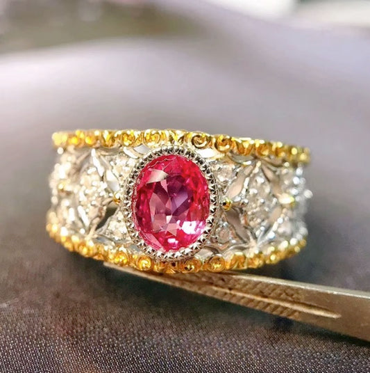 0.61Ct Pink Sapphire & Diamond Band Ring 18K Yellow Gold, Pink Sapphire Ring, Padparadscha Sapphire, Padparadscha Sapphire Wedding Ring, Padparadscha Sapphire Engagement Ring, Padparadscha Sapphire & Diamond Ring, Padparadscha Sapphire and Diamond Wedding Ring, Natural Padparadscha Sapphire Ring, Padparadscha Sapphire Jewelry, 18k Gold Padparadscha Sapphire Ring, Women's Pink Padparadscha Sapphire Ring, White Gold Padparadscha Sapphire Ring