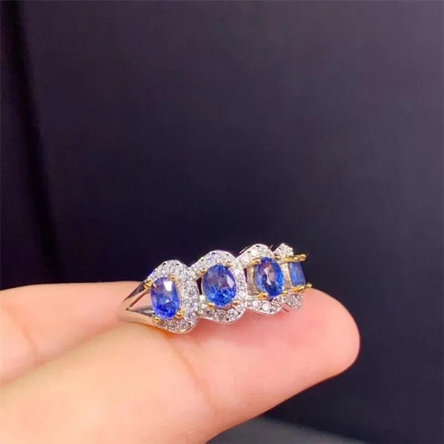 Purple Tanzanite Cluster Band Ring 3x4mm Platinum Plated