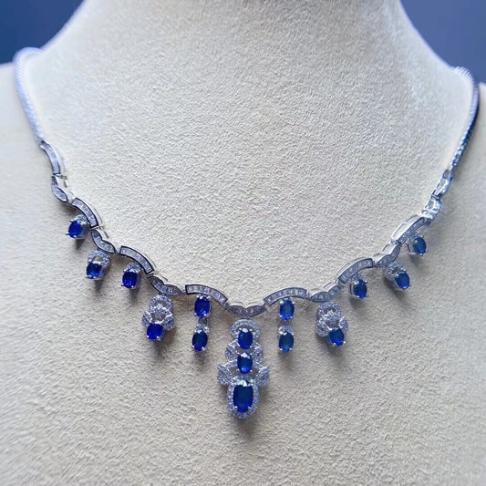 Bright Ble Sapphire Statement Necklace, Natural Sapphire Bib Necklace 925 Silver