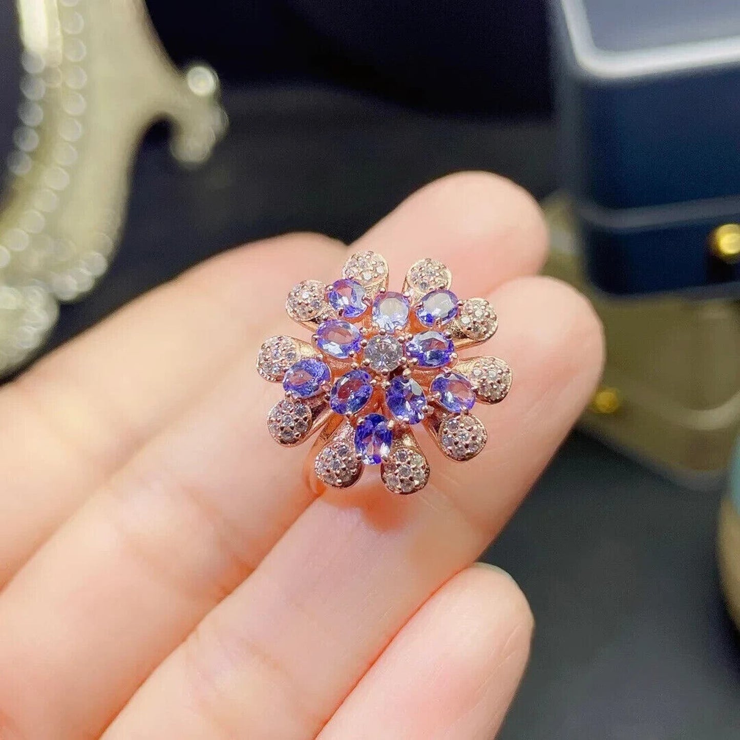 Purple Tanzanite Flower Cluster Ring Platinum Plated