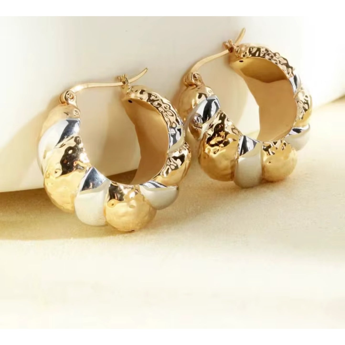 Chunky Yellow and White Gold Hoop Earrings, Solid 18k Gold Hoop Earrings Au750