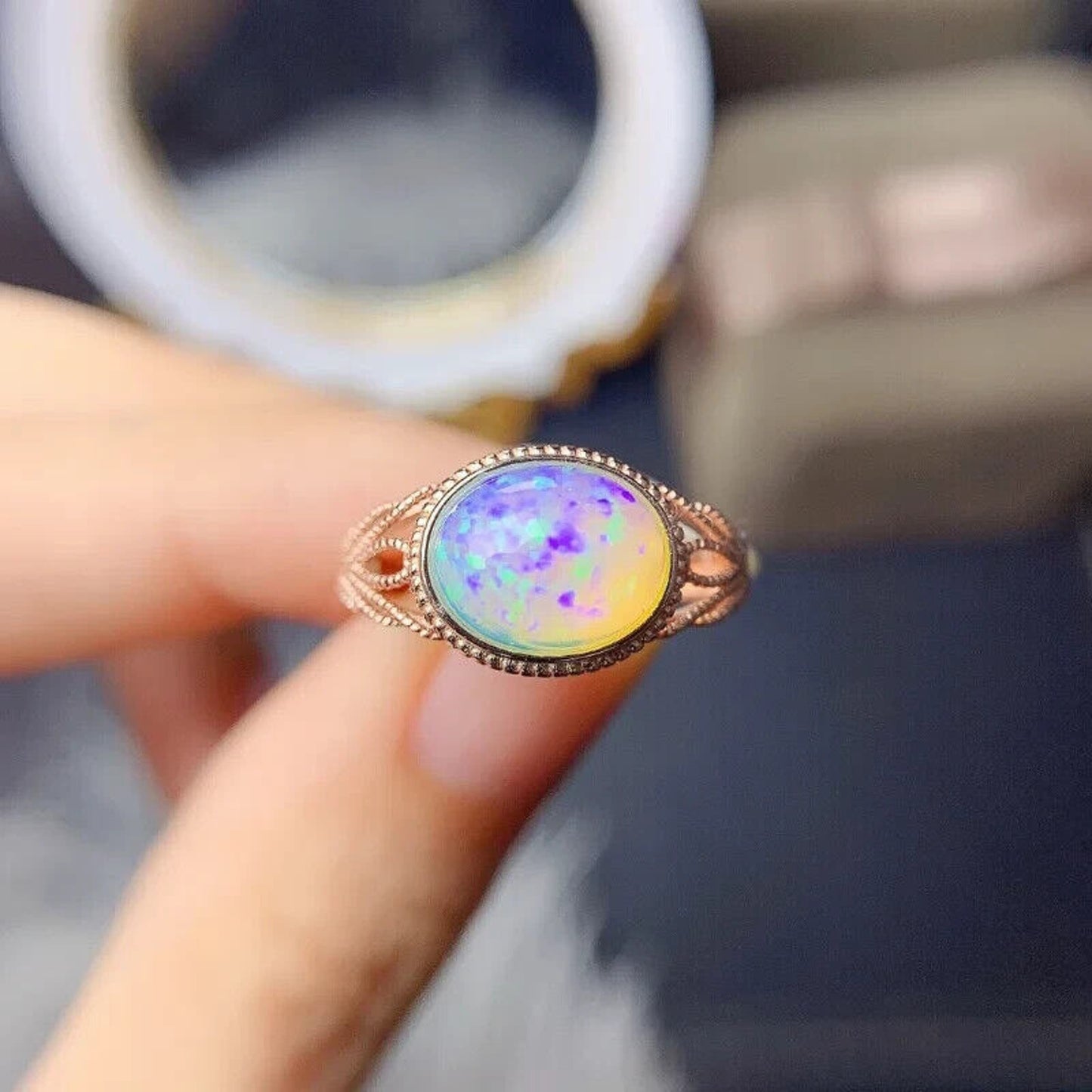 Horizontal Fire Opal Gemstone Ring 8x10mm