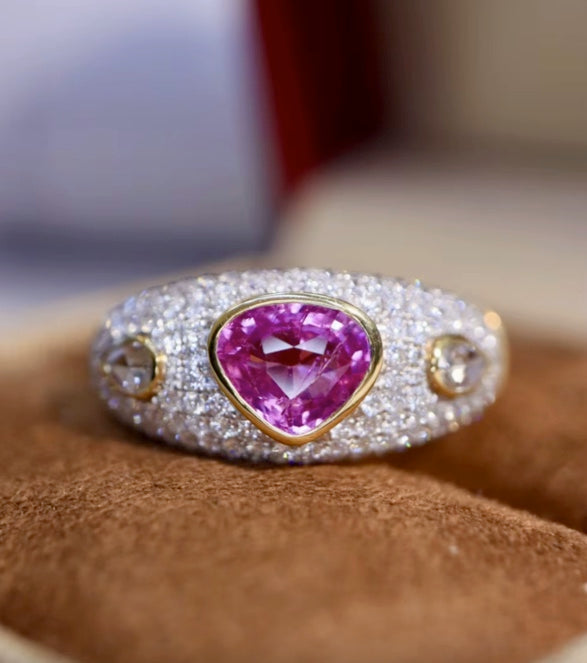 1.62Ct Pink Sapphire Diamond Pave 18K Yellow Gold Band Ring Au750, Pink Sapphire Ring, Padparadscha Sapphire, Padparadscha Sapphire Wedding Ring, Padparadscha Sapphire Engagement Ring, Padparadscha Sapphire & Diamond Ring, Padparadscha Sapphire and Diamond Wedding Ring, Natural Padparadscha Sapphire Ring, Padparadscha Sapphire Jewelry, 18k Gold Padparadscha Sapphire Ring, Women's Pink Padparadscha Sapphire Ring, White Gold Padparadscha Sapphire Ring