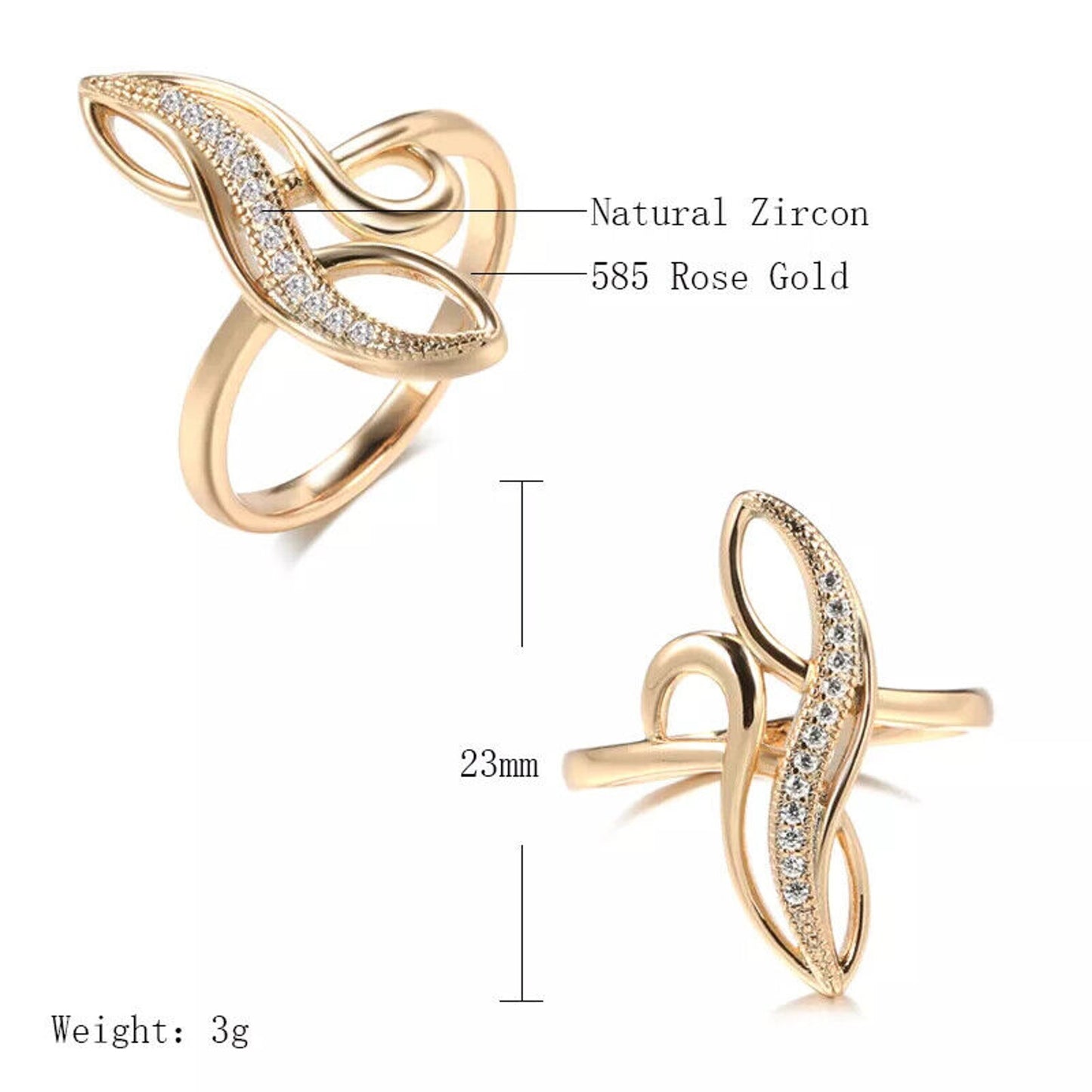 Rose Gold Ring, Shiny Rose Gold Zircon Ring, Women's 585 Rose Gold Ring