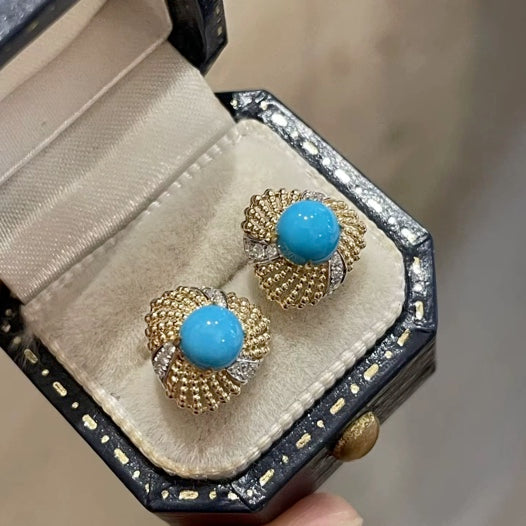 Round Turquoise Stud Earrings Solid 18k Yellow and White Gold