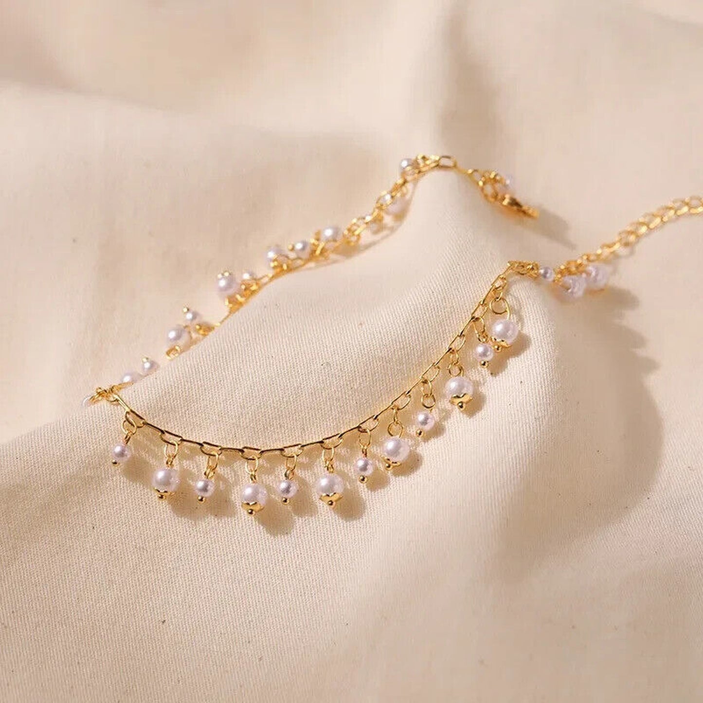 18k Gold Pearl Bead Anklet, 18k Gold Plated Women's Pearl Charm Anklet