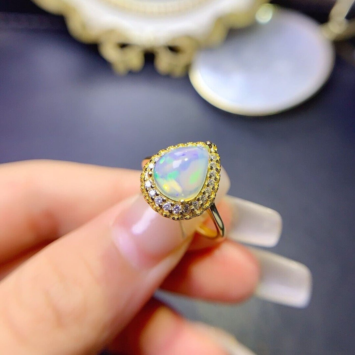 Natural Fire Opal Gemstone Ring Pear Cut 8x10mm