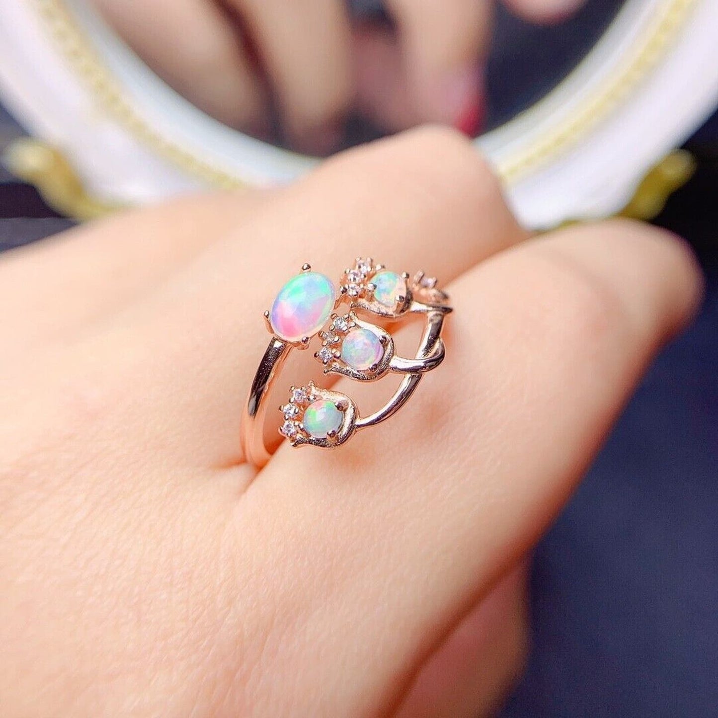 Fire Opal Gemstone Cluster Ring Sterling Silver